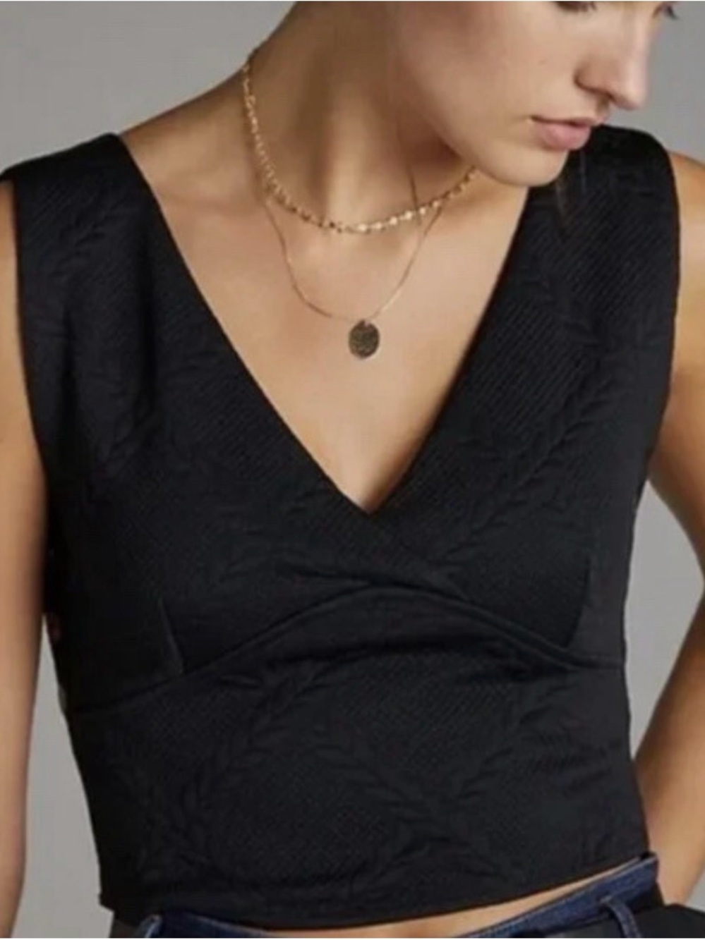 Anthropologie Black Textured V-Neck Cropped Tank